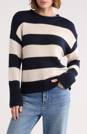 Elie Tahari Stripe Roll Neck Cotton Sweater in Navy/Cream at Nordstrom Rack, Size X-Large