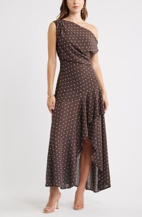 Chelsea28 Cascading Off the Shoulder Evening Dress in Brown- Ivory Corner Dot at Nordstrom, Size Xx-Small