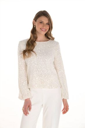Frank Lyman Design Whisper Long Drape Sleeve Sparkle Top In Winter White