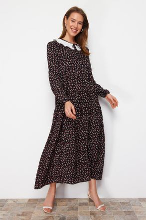 Trendyol Modest Dames Zwart Bloemen Maxi Lang Casual A-lijn Modest Jurken