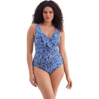Longitude Ruffle Front Surplice Long Torso One-Piece Swimsuit in Fine China at Nordstrom, Size 10