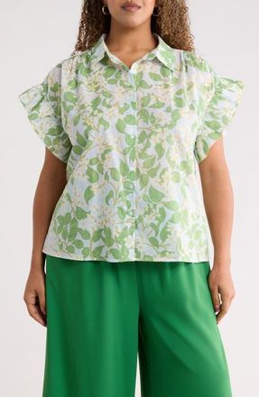 Sugarlips Kiany Floral Ina Short Sleeve Button-Up Shirt in Light Blue Green at Nordstrom, Size 2X