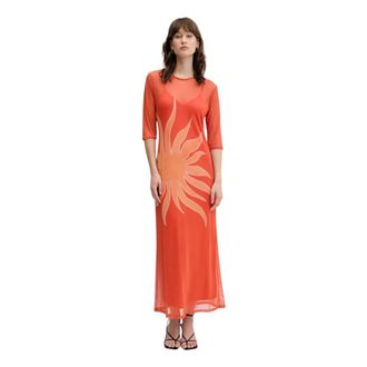 Never Fully Dressed Sun-print Mesh Maxi Jurk - Dames - Maxi kleedjes - Oranje - XS - Polyester - Kleedjes