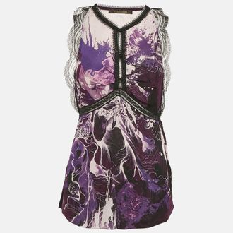 Roberto Cavalli Purple/multicolor Printed Lace Trim Detail Top