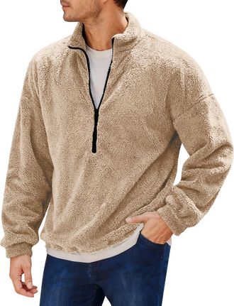 Generic Mens Fleece Jackets - Half Zipper Fuzzy Jumpers, Winter Warm Fluffy Coats, Comfy Cosy Soft Pullover Tops, Thermal Windbreak, Long Sleeve Sweatshirt, T