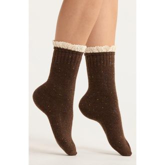 Casa Clara Love Tahor Ruffle Lace Trim Crew Socks in Brown at Nordstrom