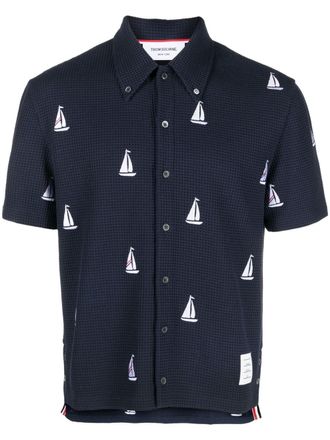 Thom Browne textured short-sleeve polo shirt - men - Cotton/Polyester - 1 - Blue