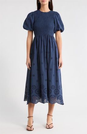 Sugarlips Deana Eyelet Smocked Midi Dress in Navy at Nordstrom, Size X-Small