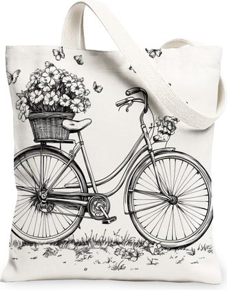 Generic Floral Bike Canvas Tote Bags, Vintage Flower Design Reusable Grocery Bags, Spring Lightweight Washable Shoulder Strap Canvas for Travel Outdoor Beach 