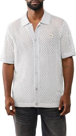 True Religion Sheer Cotton Open Stitch Button-Up Shirt in Quiet Grey at Nordstrom, Size Xx-Large