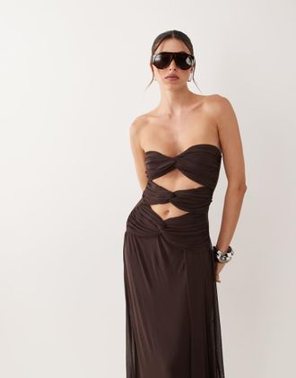 Asos Vestito lungo a fascia aderente in rete color cioccolato con bustino attorcigliato-Marrone