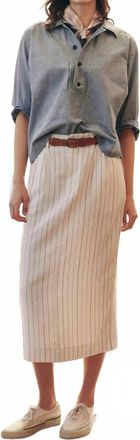The Great. Pleated Column Skirt In Cream Pinstripe