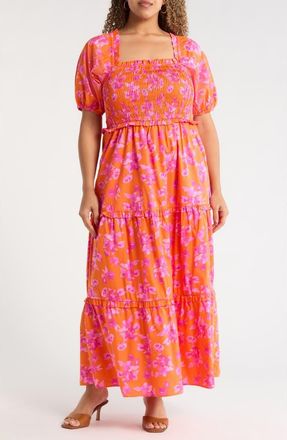 Sugarlips Cala Floral Alycia Smocked Cotton Maxi Sundress in Orange-Pink-Multi at Nordstrom, Size 1 X
