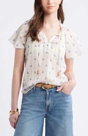 Treasure & Bond Floral Print Embroidered Chiffon Top in Ivory- Blue Sydney Geo at Nordstrom, Size Xx-Small