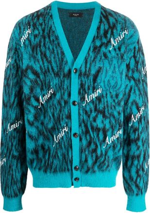 Amiri logo-print knitted cardigan - men - Alpaca/Mohair/Nylon - L - Blue