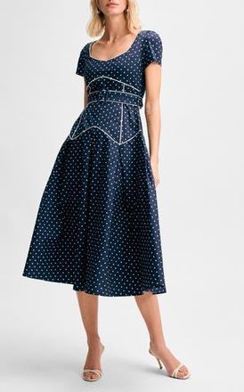 Isaac Mizrahi New York Pleated Belted Fit & Flare Midi Dress in Navy/White Dot at Nordstrom Rack, Size Xx-Large