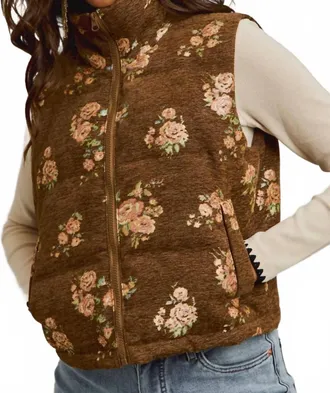So Me Floral Jacquard Quilted Vest In Brown