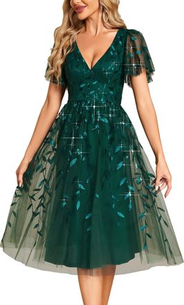 Ever-pretty Prom Dress Leaf Sequin Short Sleeve Tulle Midi Wedding Guest Dress Dark Green 16UK