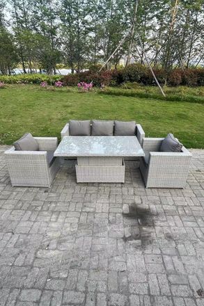 Fimous Rattan Garden Funiture Set Height Adjustable Rising Lifting Table Sofa Dining Set With 2 Arm Chair in Light Grey