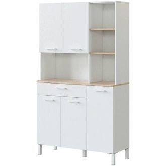 Dmora Armadio multiuso grande Abbaio, Mobile ausiliario da cucina, Credenza a 5 ante e 1 cassetto, Armadio aperto, 108x40h186 cm, Bianco e Rovere