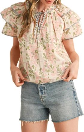 Merci Flutter Sleeve Top In Pink Multi