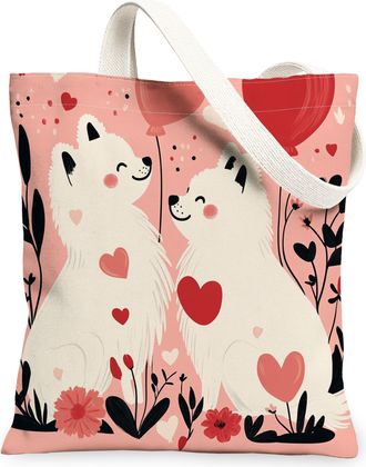 Generic Valentines Day Samoyed Dog Canvas Tote Bag for Shopping 13x15, Fun Couple Puppy Reusable Grocery Print Pattern Bag for Women, Lover Beach Aesthetic Pa