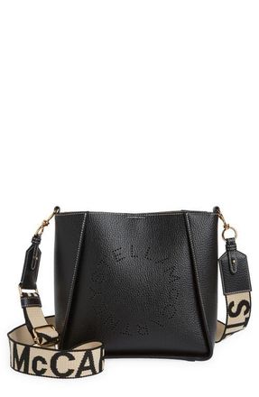 Stella McCartney Perforated Logo Mini Faux Leather Crossbody Bag in 1000 - Black at Nordstrom
