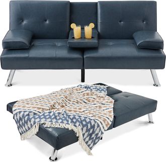 Best Choice Products Modern Faux Leather Convertible Futon Sofa w/ Removable Armrests, 2 Cupholders