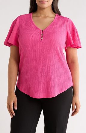 Anne Klein Flutter Sleeve V-Neck T-Shirt in Pink Berry at Nordstrom, Size 1 X