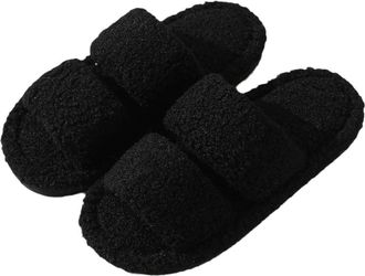 Generic Womens Cozy Winter Fuzzy House Slippers Double Band Slip on Open Toe Plush Bedroom Shoes with Anti-Slip Sole for Indoor Outdoor,Black,3.5 UK