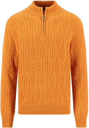 Fynch-Hatton Pullover met Troyer-kraag van kabelssteek - Heren - Coltruien - Oranje - M - Wol - Truien & Vesten