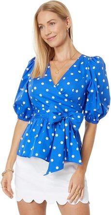 Lilly Pulitzer Kara Top Womens Blue Polka Dot Wrap Front Puff Sleeve FROG242