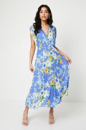 Oasis Womens Petite Occasion Floral Pleated Wrap Midaxi Dress - Blue - Size 10 UK