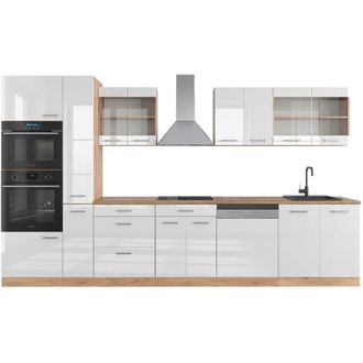 Vicco Angolo cottura R-Line, Bianco lucido/oro power oak, 350 cm con armadio alto, pl Rovere