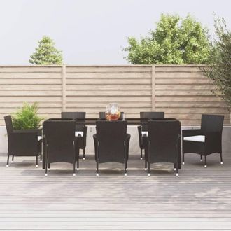 vidaXL Set De Comedor De Jard&iacute;n 9 Pzas Y Cojines Rat&aacute;n Sint&eacute;tico Negro Vidaxl
