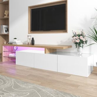 Merax High Gloss White & Oak Effect TV Stand with LED Lights