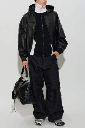 Balenciaga Leather Jacket With Hood, Mens, Black