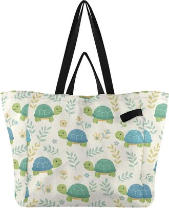 Generic Turtle Green Leaves print Reusable Canvas Tote Bag, Heavy Duty Grocery Shopping Bag with Hard Bottom Double Handles Large Capacity Work Groceries Trav