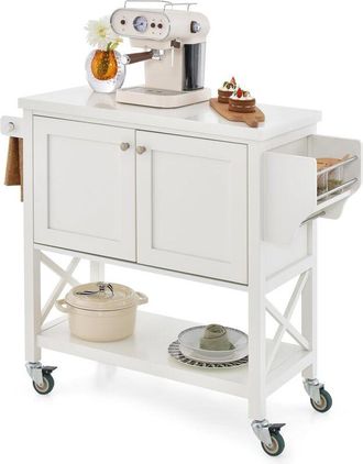 Costway Carrito de Cocina Móvil, Carro de Isla con Gabinete de Almacenamiento, Carro Rodante con Toallero y Especiero, Mueble Auxiliar de Cocina con Ruedas y