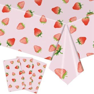 No Brand Juego De 4 Manteles Con Estampado De Fresas (137x274 Cm) - Rosa, Resistentes A Las Manchas Y Reutilizables, Para Fiestas Infantiles Y Fiestas De Veran
