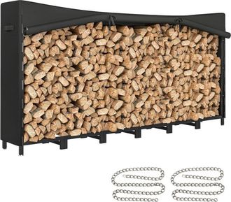 OUTSUNNY Estante De Le&ntilde;a Met&aacute;lico De Chimenea, 235x31x116 Cm, Le&ntilde;ero Exterior Con Cubierta Impermeable 600d Oxford, Cadenas De Acero, Negro