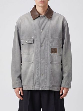 Wooyoungmi Cotton Denim Jacket with Leather Collar and Dropped Shoulders