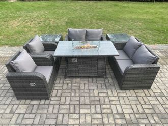 Fimous 6 Seater Rattan Garden Furniture Set Propane Gas Fire Pit Table & Sofa Chair set with 2 Side Tables in Dark Grey