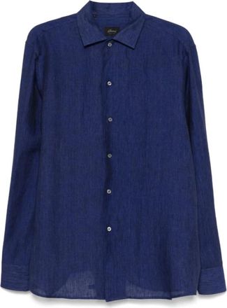 Brioni Navy Linnen Overhemd met Kraag - Heren - Casual Overhemden - Blauw - L - Linnen - Overhemden