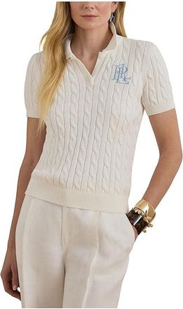 Lauren Ralph Lauren Cable-Knit Cotton Polo Sweater Womens Clothing White : LG