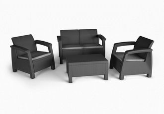Keter Bahamas: Conjunto Exterior De Resina Efecto Rat&aacute;n Con Cojines, Sof&aacute; Doble 127x70x79, 2 Sillones 74x70x79, Mesa 77x57x42. - Keter