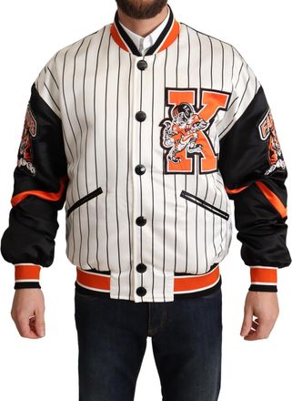 Dolce & Gabbana Mens Pinstripe Satin Baseball Jacket - White - Size X-Large