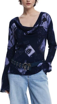 Desigual Print Cowl Neck Top in Dark Blue at Nordstrom, Size X-Large