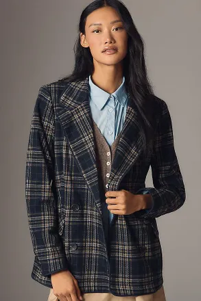 Avec Les Filles Double-Breasted Knit Plaid Blazer Jacket