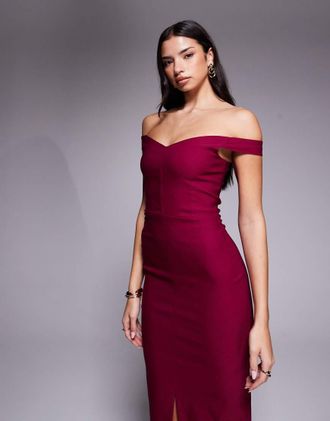 Vesper Vestito midi in bengalina color mora con scollo alla Bardot a cuore e spacco frontale-Rosa